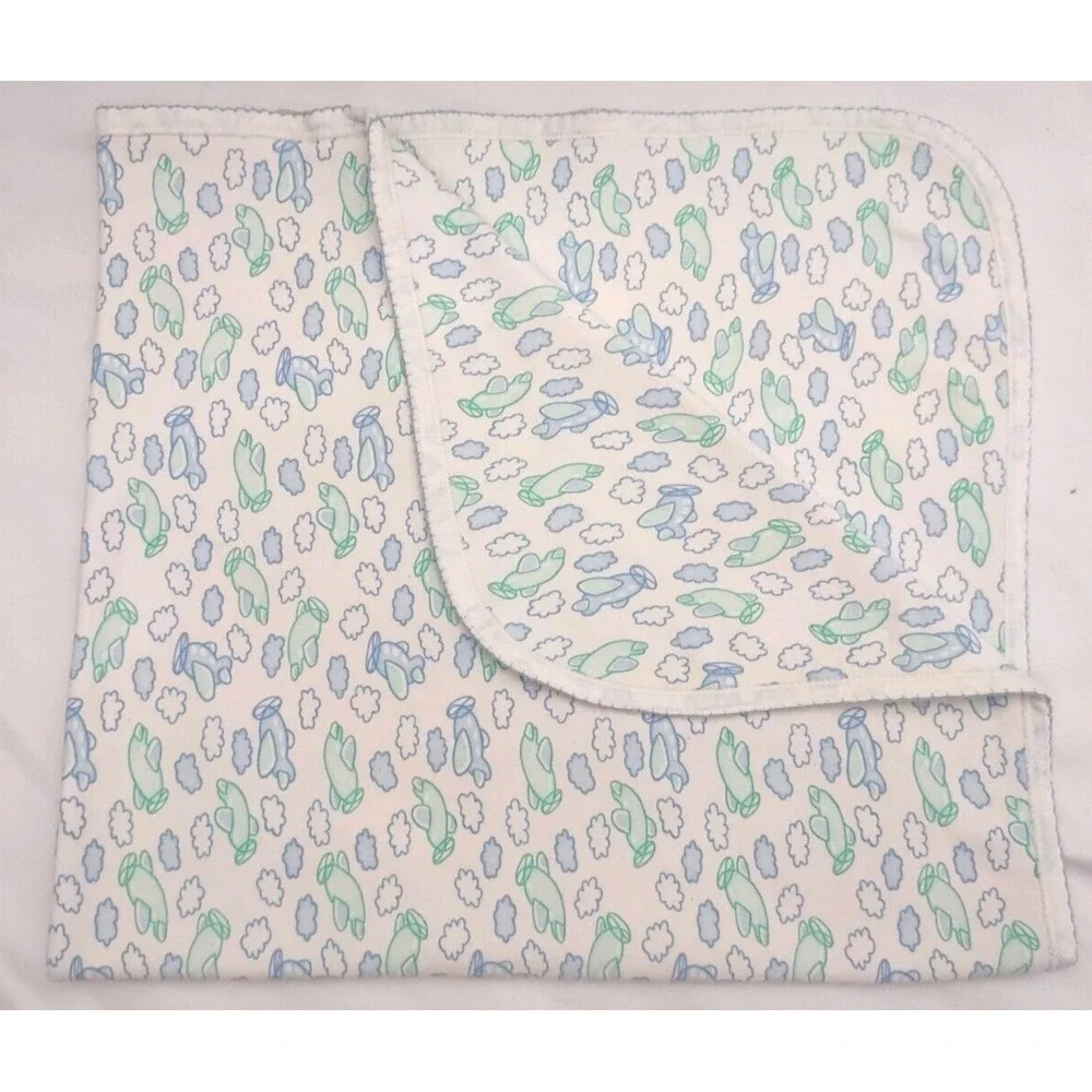 FLAW Oneita Layette Airplane Cloud Cotton Baby Blanket 2ply Green Blue White Vtg